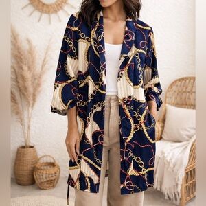 Aritzia Babaton Kahlo Satin Robe Jacket Navy Gold Chain